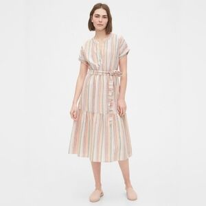 GAP Striped Belted Linen Midi Classic Coastal Cottage Preppy Dress Womens 4 Tall